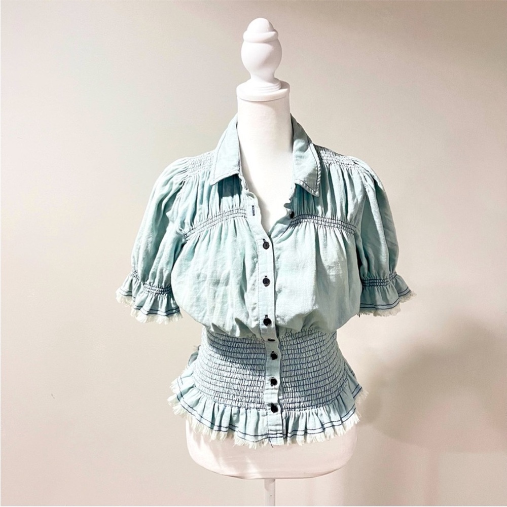 Pilcro Light Blue Ruffle-Smocked Button Front Top - Picture 8 of 11